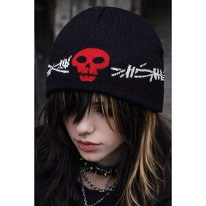 Y2K Mall Goth Skull Beanie Red Skull Barbed Wire Punk Grunge Streetwear Knit Hat